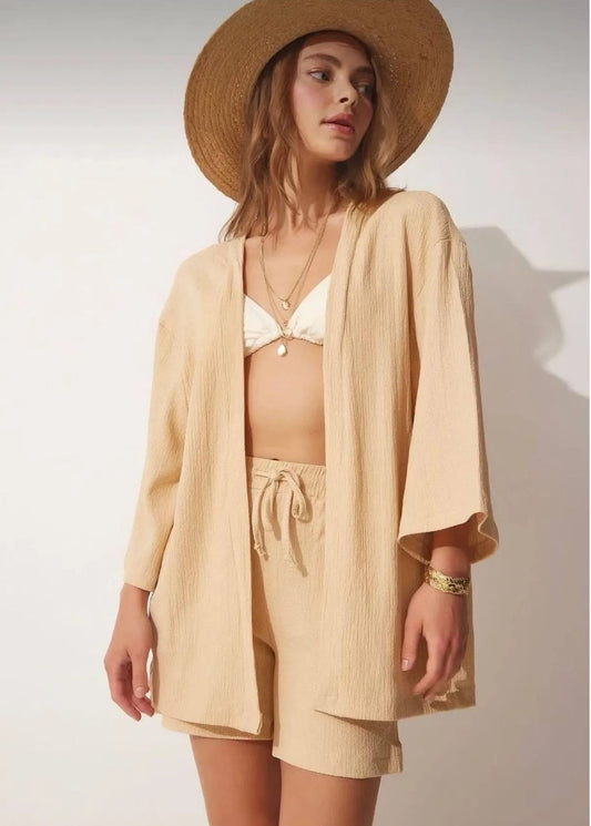 İkili Kimono ve Şort Takım - Beige